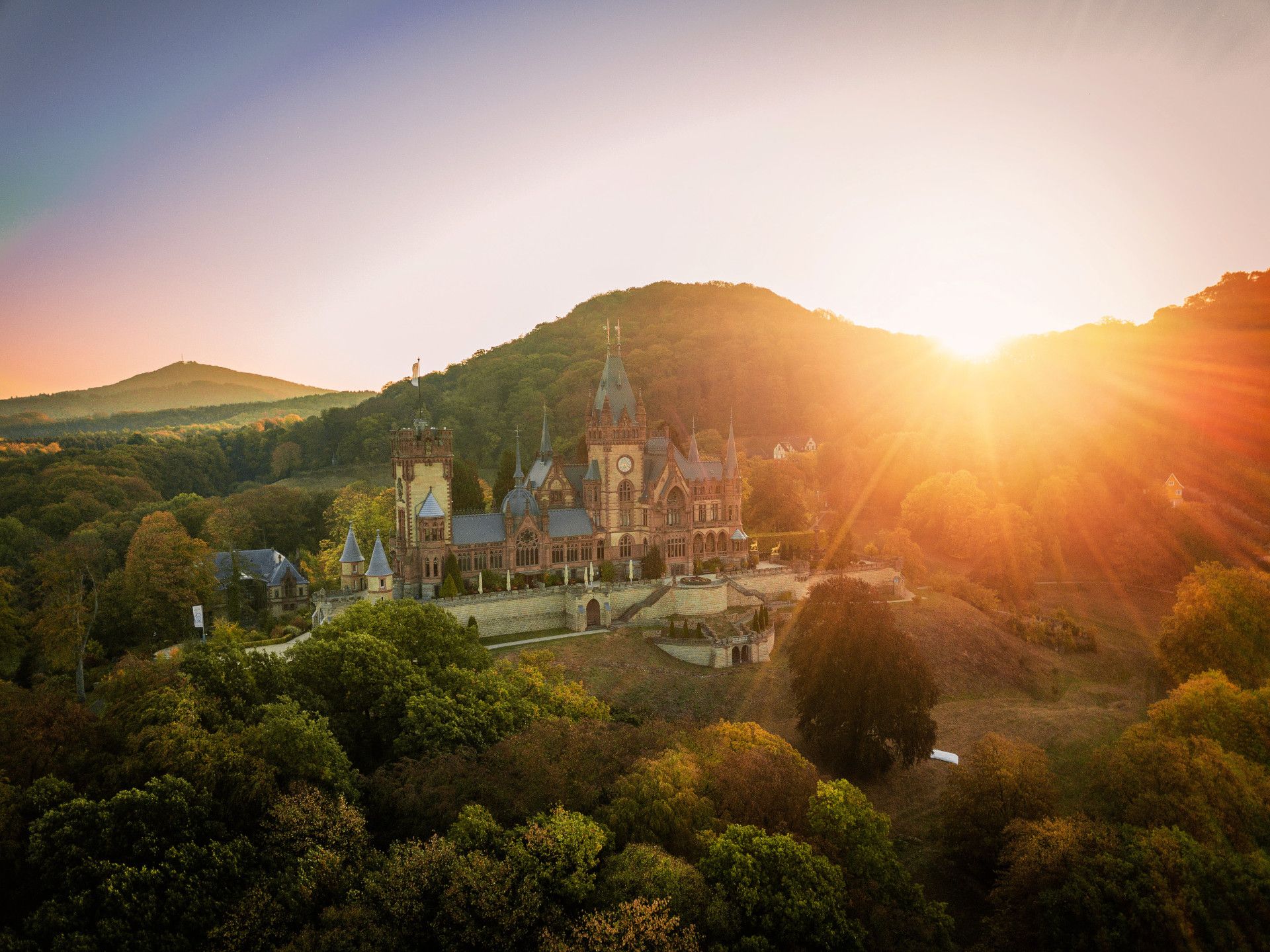 Drachenburg Castle front view with sunset