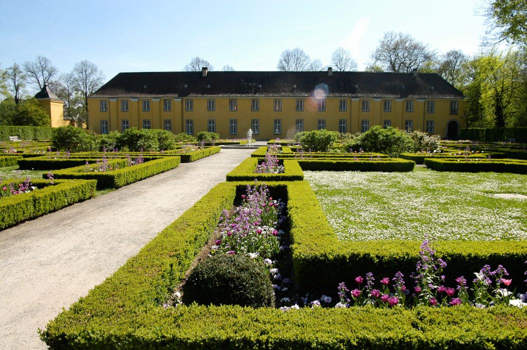 A wide variety of flowers bloom in the parterre garden at the Orangery in summer