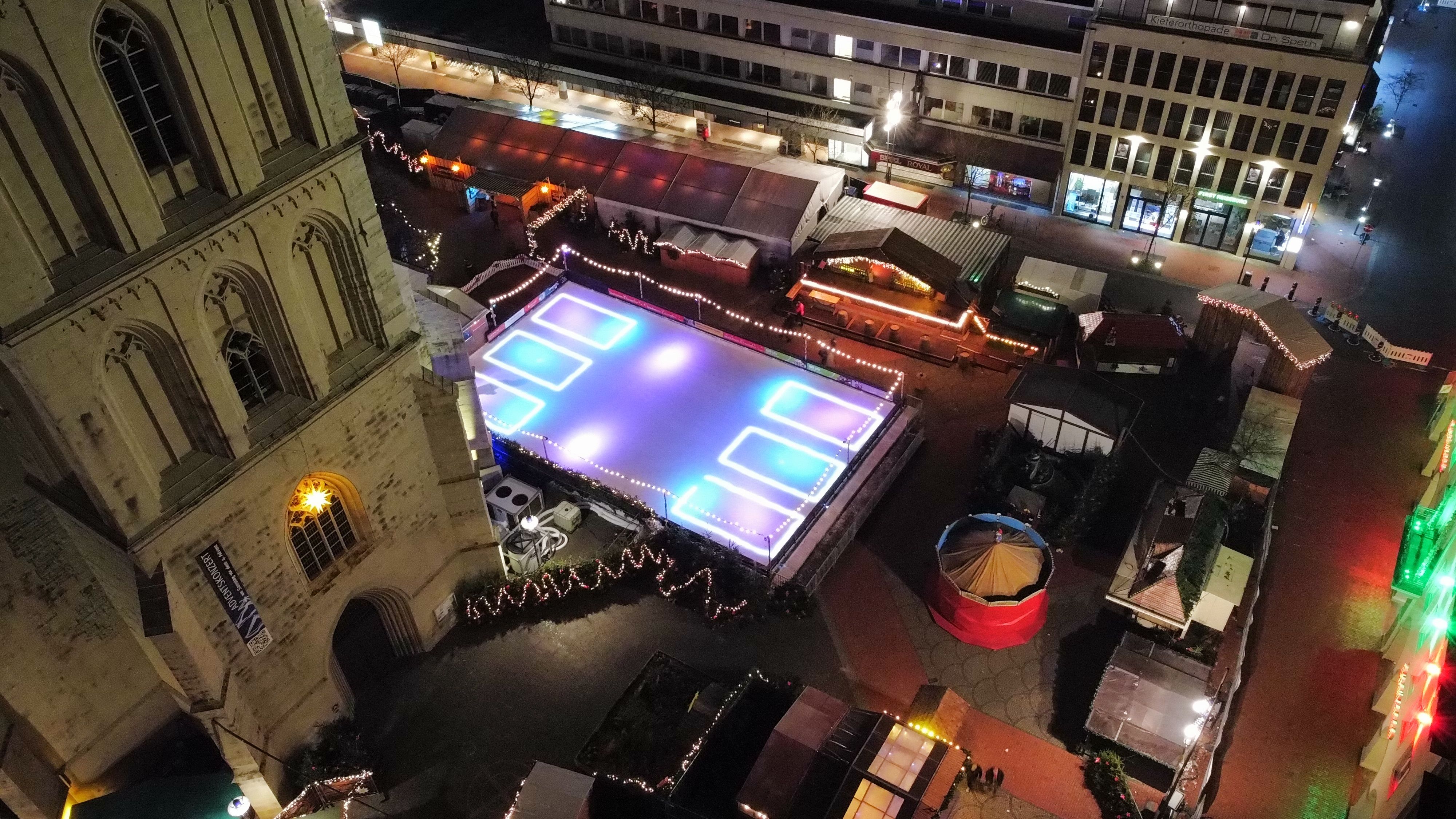 View of the Christmas market with ice rink