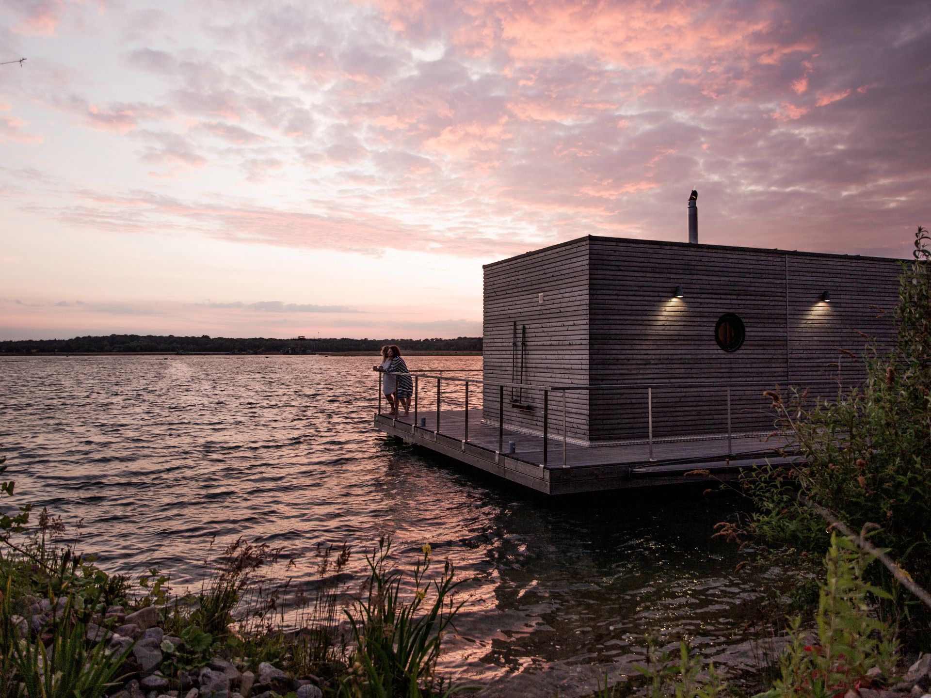 Houseboat on the Diersfordter Waldsee at dusk