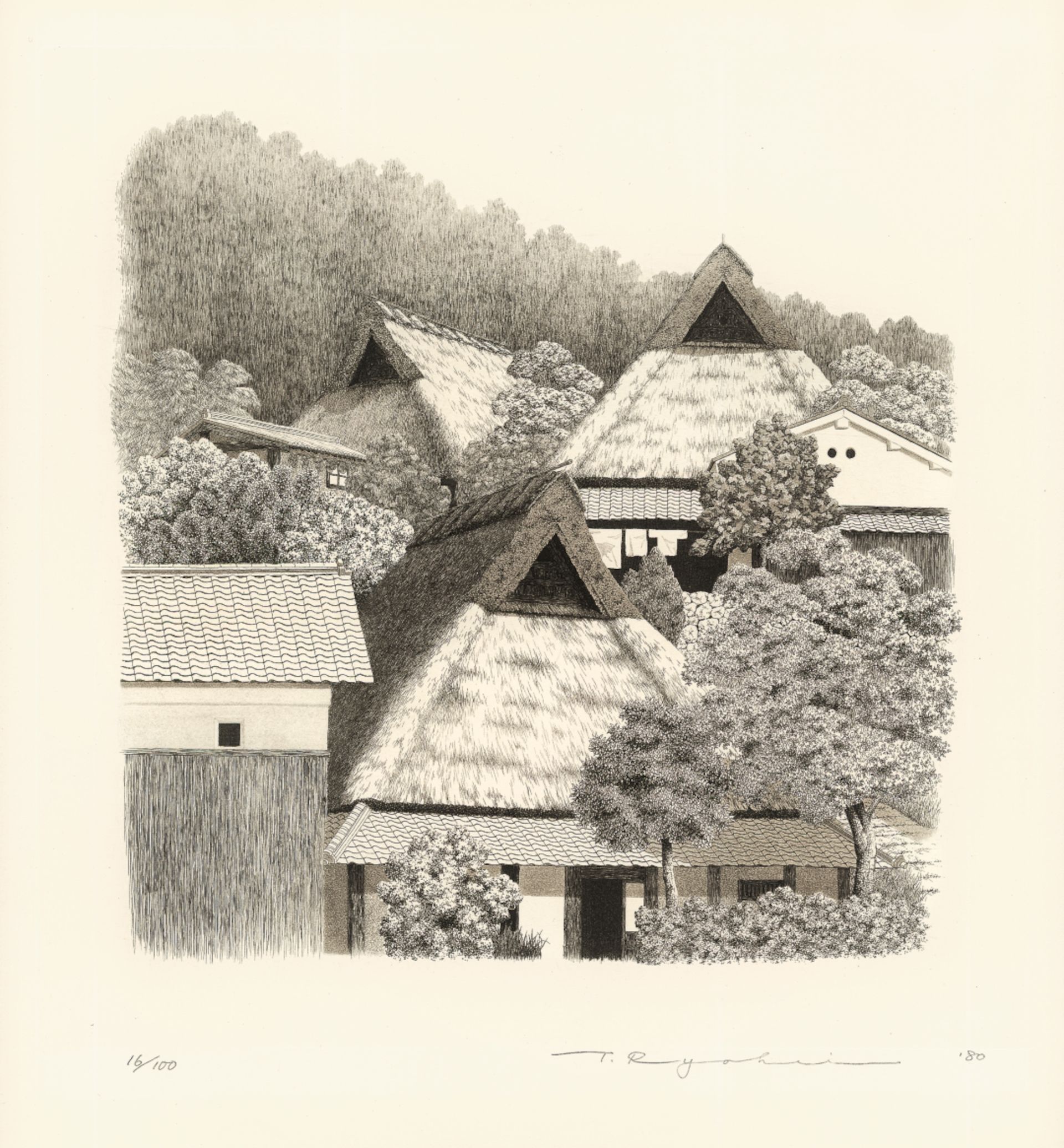 Tanaka Ryōhei (1933-2019), Village in summer, etching and aquatint, 36.5 × 36.5 cm, Japan 1980