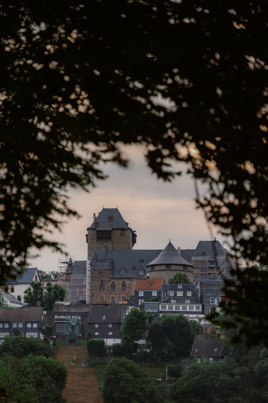 The keep of Burg Castle rises up to the sky