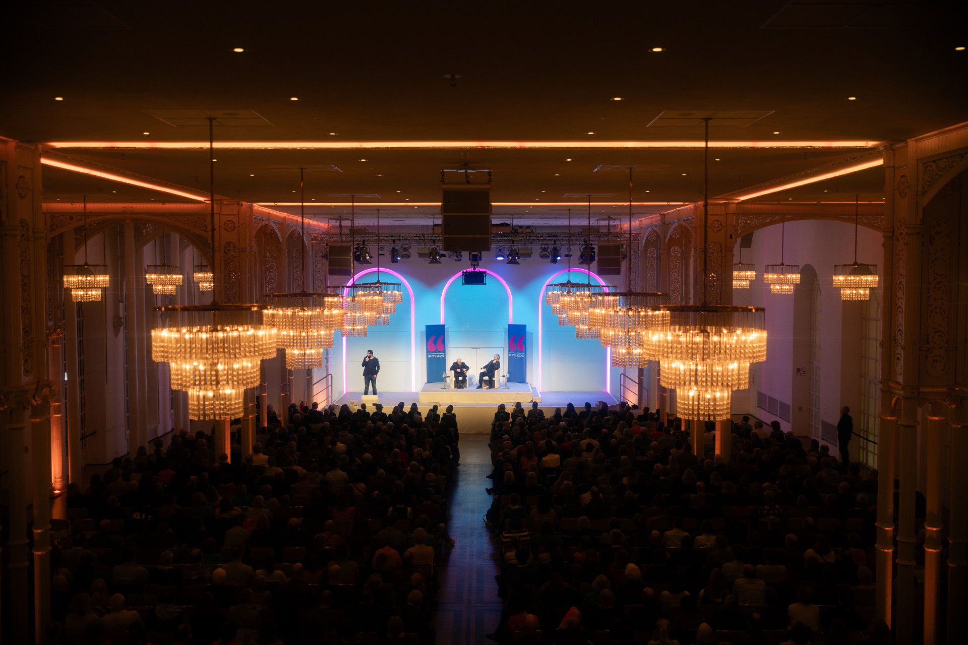 Theatre hall with large chandeliers 