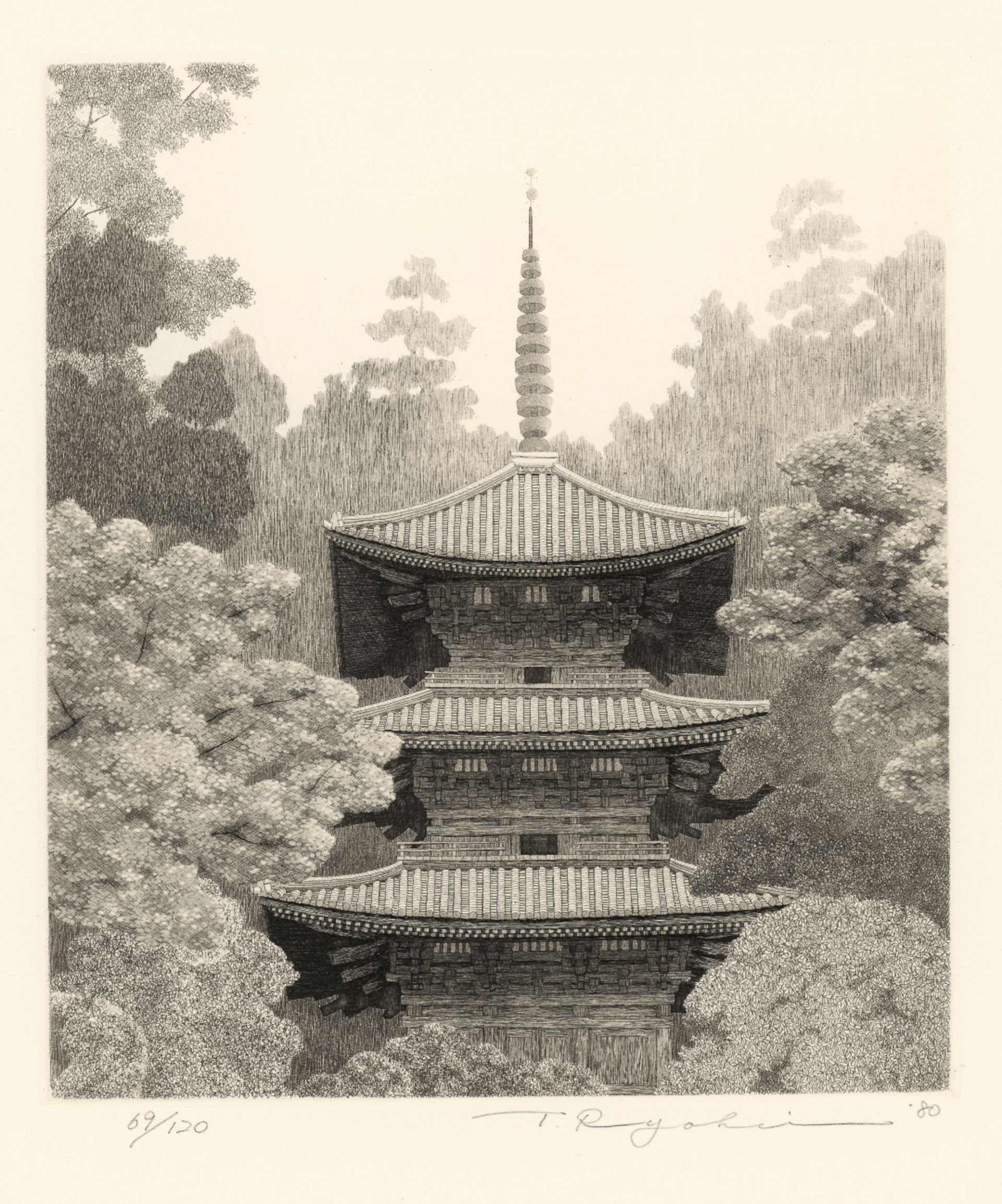 Tanaka Ryōhei (1933-2019), Gansen-Ji, etching, 24.5 × 21.5 cm, Japan 1980