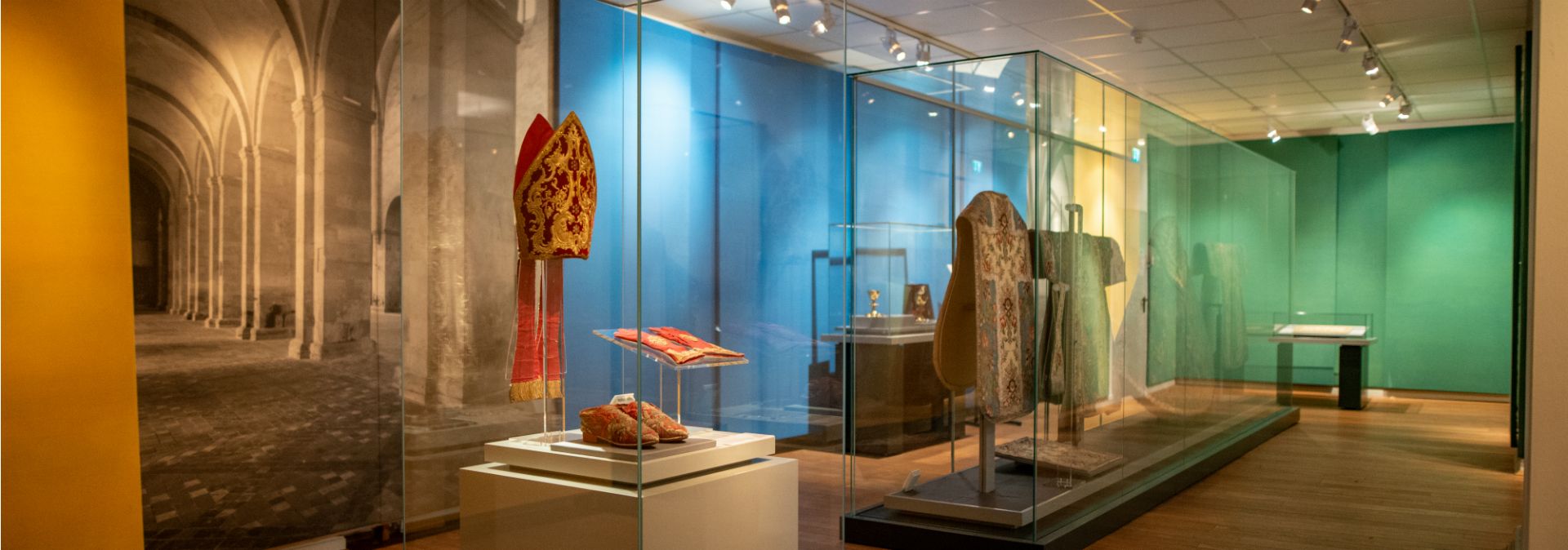 Artfully decorated chasubles, mitres and altar curtains in the treasury of Kamp Abbey