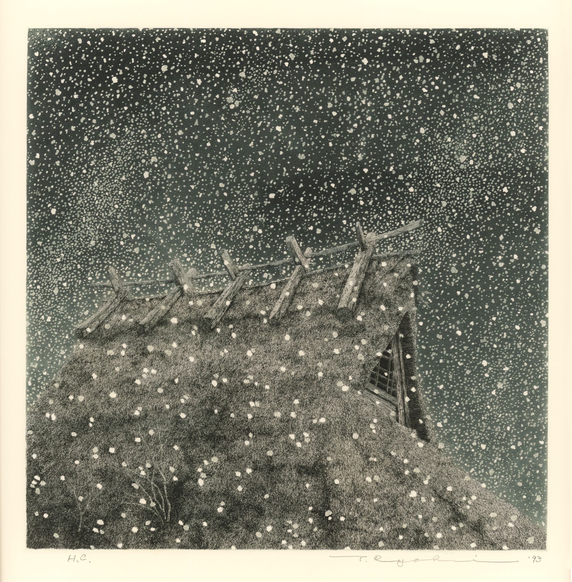 Tanaka Ryōhei (1933-2019), Snow and thatched roof, etching and aquatint, 36.5 × 36.5 cm, Japan 1993